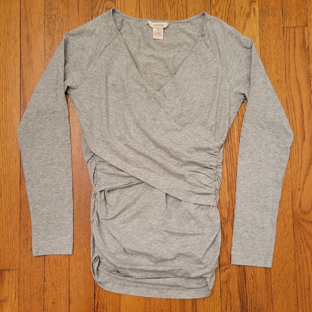 Sundance S Gray Long Sleeve Wrap Top Ruched V Neck Blouse‎ Vanessa Stretch